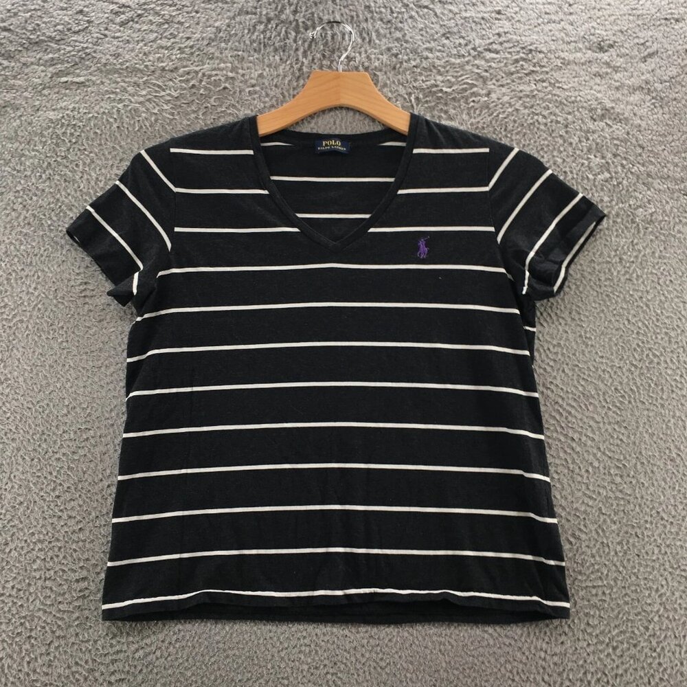 Polo By Ralph Lauren Short Sleeve T-Shirts Tops Womens M Black Striped V-Neck